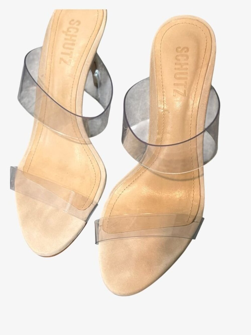 Schutz Ariella PVC Suede Stiletto Sandals 6.5 Clear Nude Oyster 7 Party Worn 1x - Picture 10 of 10